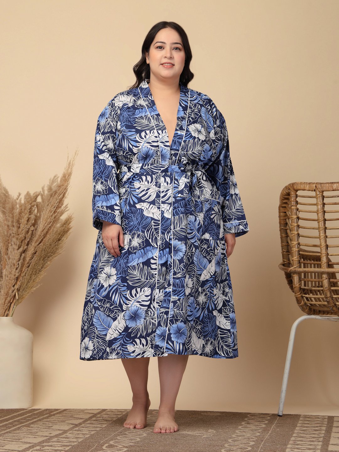 Women Printed Blue Floral  Plus Size Pure Cotton Bath Robe With Belt