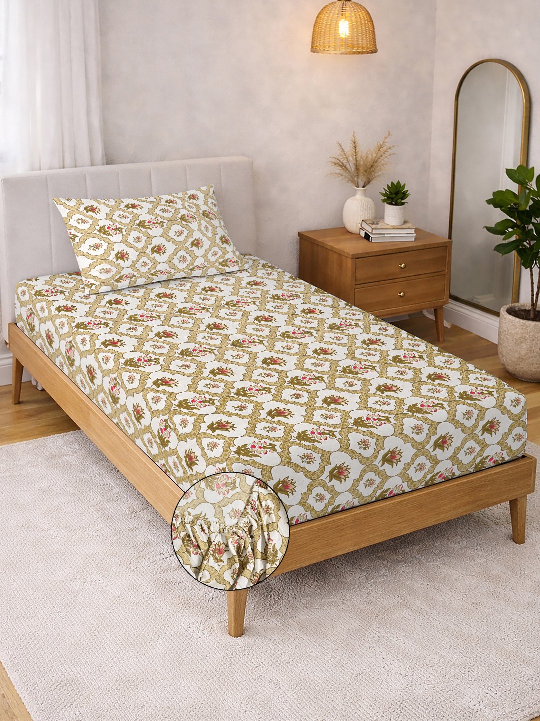 Yellow Floral Cotton Blend Fitted Single Bedsheet with Pillow Cover