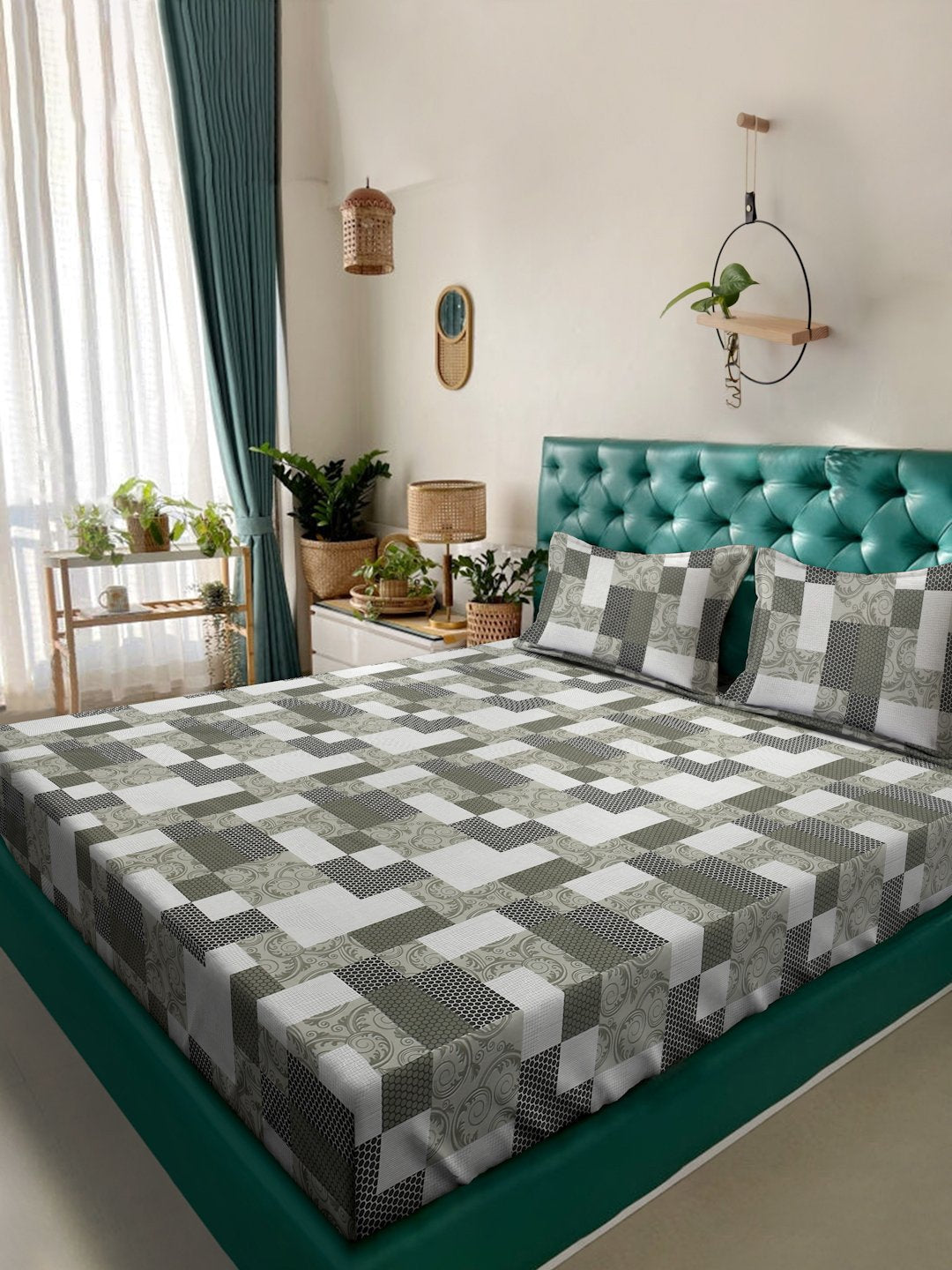 Olive Geometric 400 TC Pure Cotton Double Bedsheet with 2 Pillow Covers