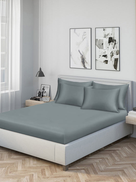 Grey Solid 300 TC Cotton Blend Double Bedsheet with 4 Pillow Covers