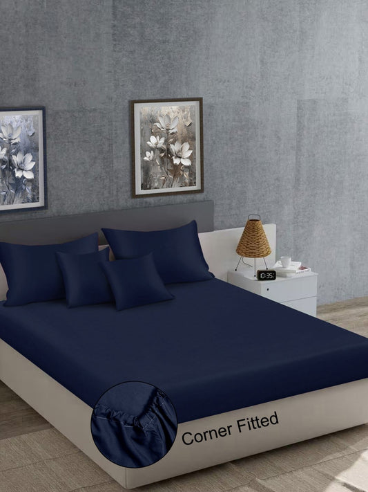 Blue Solid 400 TC Satin Fitted Super King Double Bedsheet with 2 Pillow Covers & 2 Cushion Covers