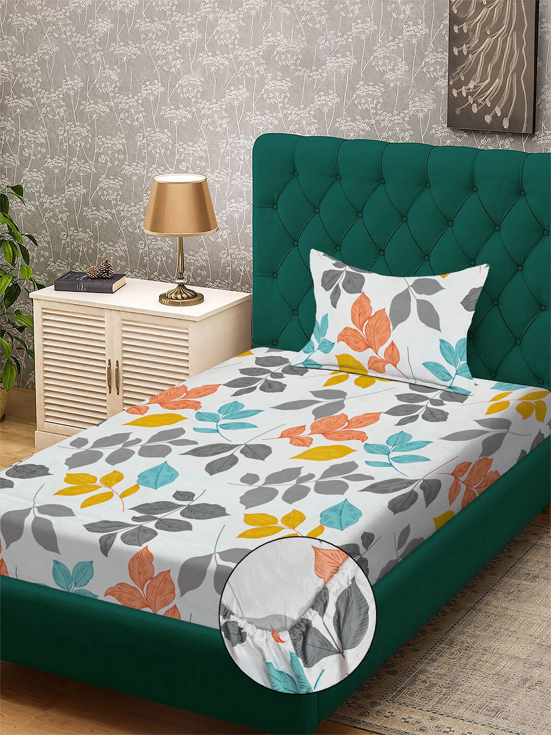 Multi Floral 300 TC Cotton Blend Fitted Single Bedsheet with Pillow Cover