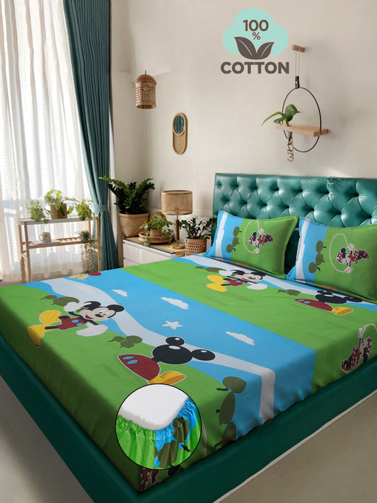 Klotthe Multicolor Cartoon Characters 400 TC Pure Cotton Fitted Double Bedsheet with 2 Pillow Covers