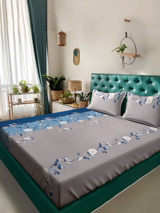 Grey Floral 300 TC Cotton Blend Double Bedsheet in Book Fold Packing