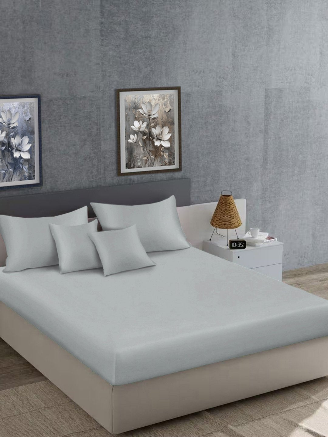 Grey Solid 400 TC Satin Super King Double Bedsheet with 2 Pillow Covers & 2 Cushion Covers