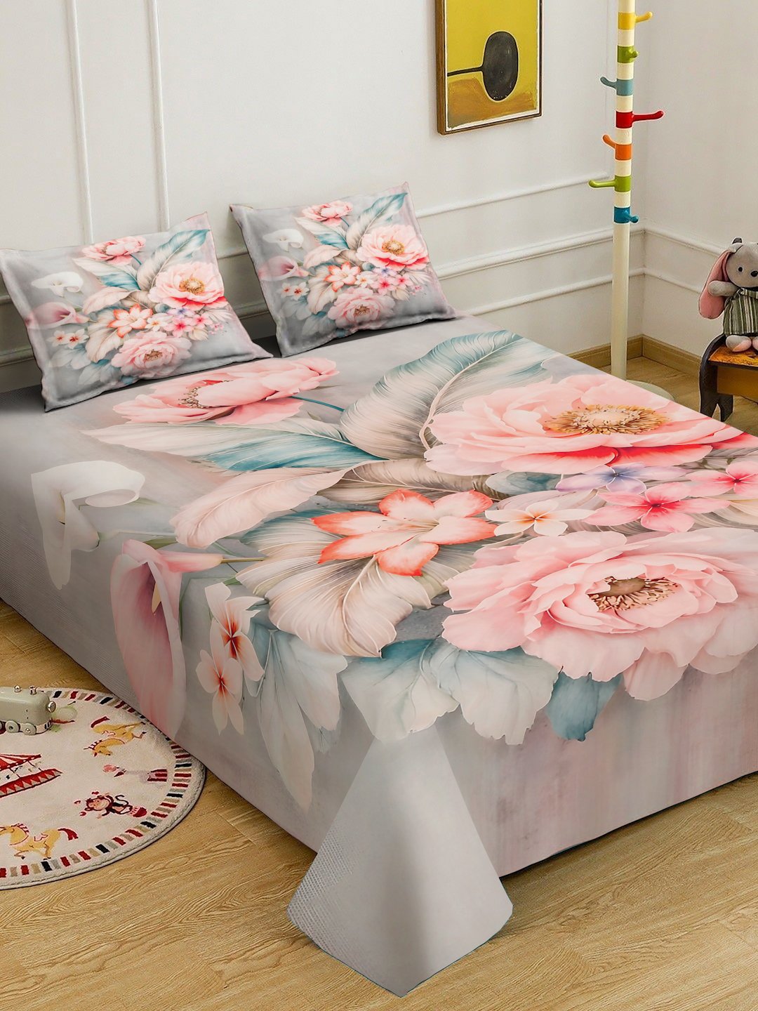 Multi Digital Floral Printed Cotton Blend Double Bedsheet with 2 Pillow Covers