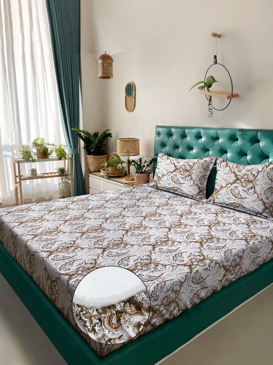Brown Floral 400 TC Pure Cotton Fitted Double Bedsheet with 2 Pillow Covers