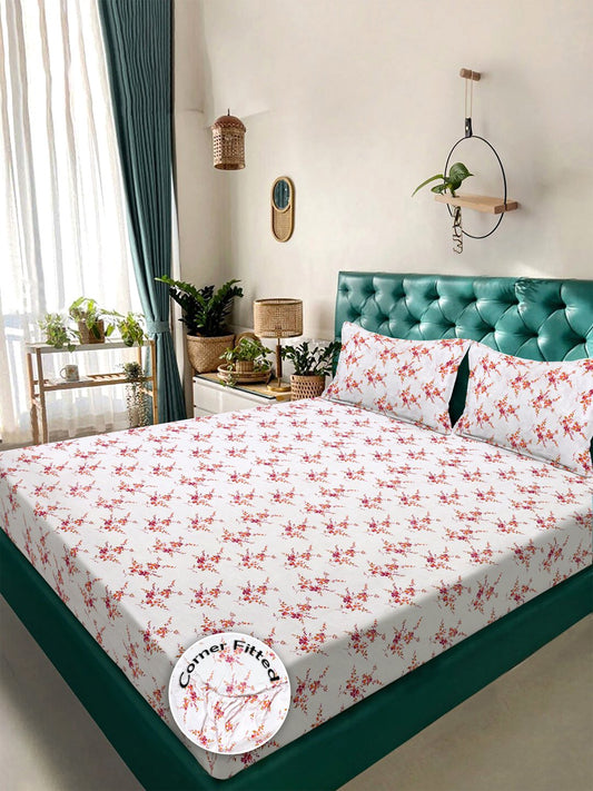 White Floral 300 TC Cotton Blend Fitted Double Bedsheet in Book Fold Packing