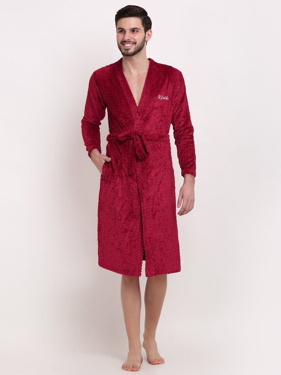 Men Red Self Design Wool Bath Robe With Belt