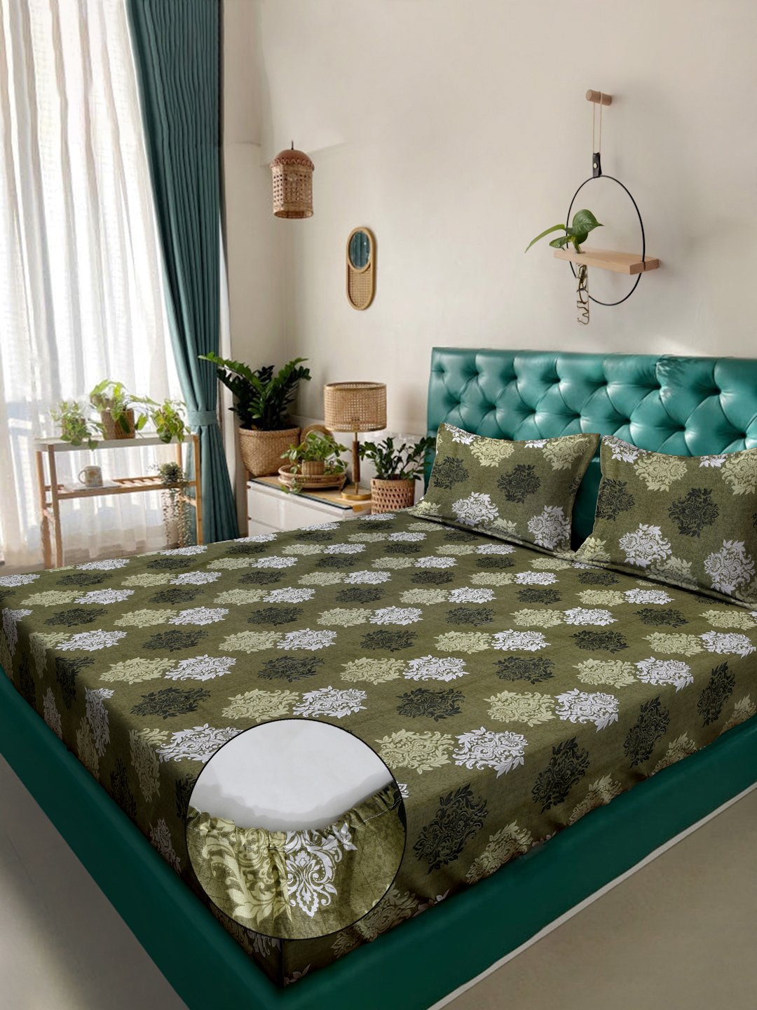 Olive Floral 400 TC Pure Cotton Fitted Double Bedsheet with 2 Pillow Covers