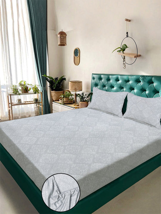 Grey Floral Embossed Cotton Blend Fitted Double Bedsheet with 2 Pillow Covers