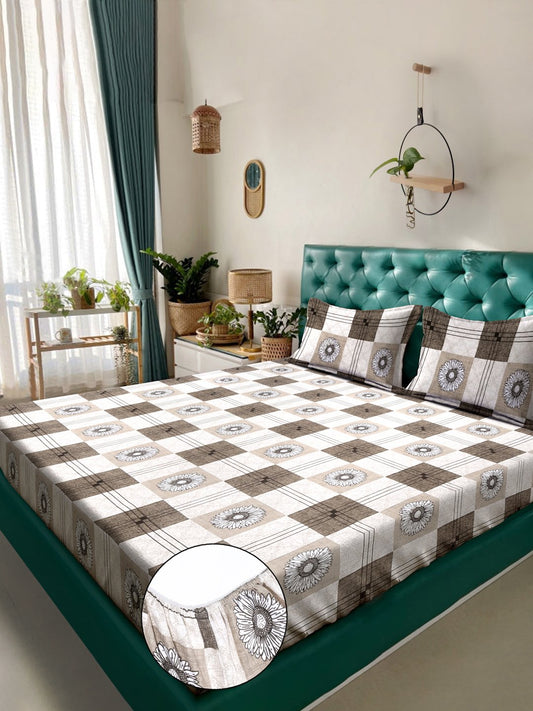 Brown Geometric 300 TC Cotton Blend Fitted Double Bedsheet in Book Fold Packing