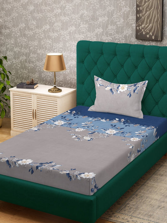 Grey Floral 300 TC Cotton Blend Single Bedsheet with Pillow Cover