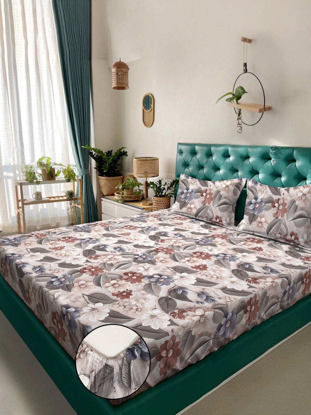 Multi Floral 7D King Size Cotton Blend Fitted Double Bedsheet with 2 Pillow Covers