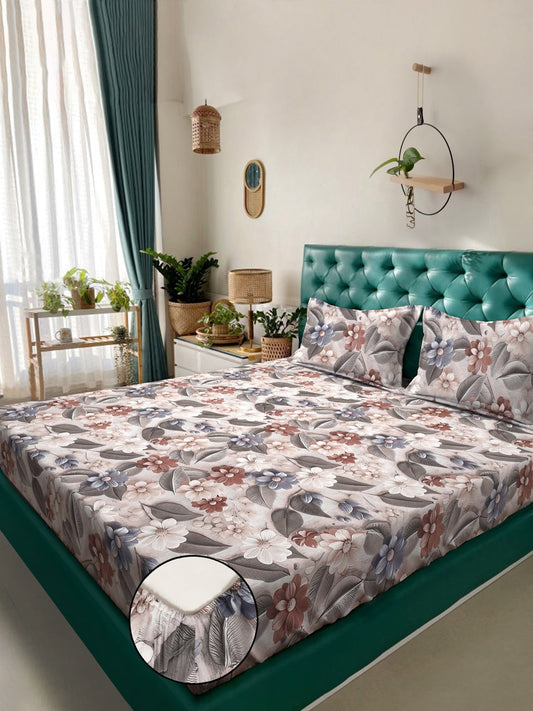 Multi Floral 7D King Size Cotton Blend Fitted Double Bedsheet with 2 Pillow Covers