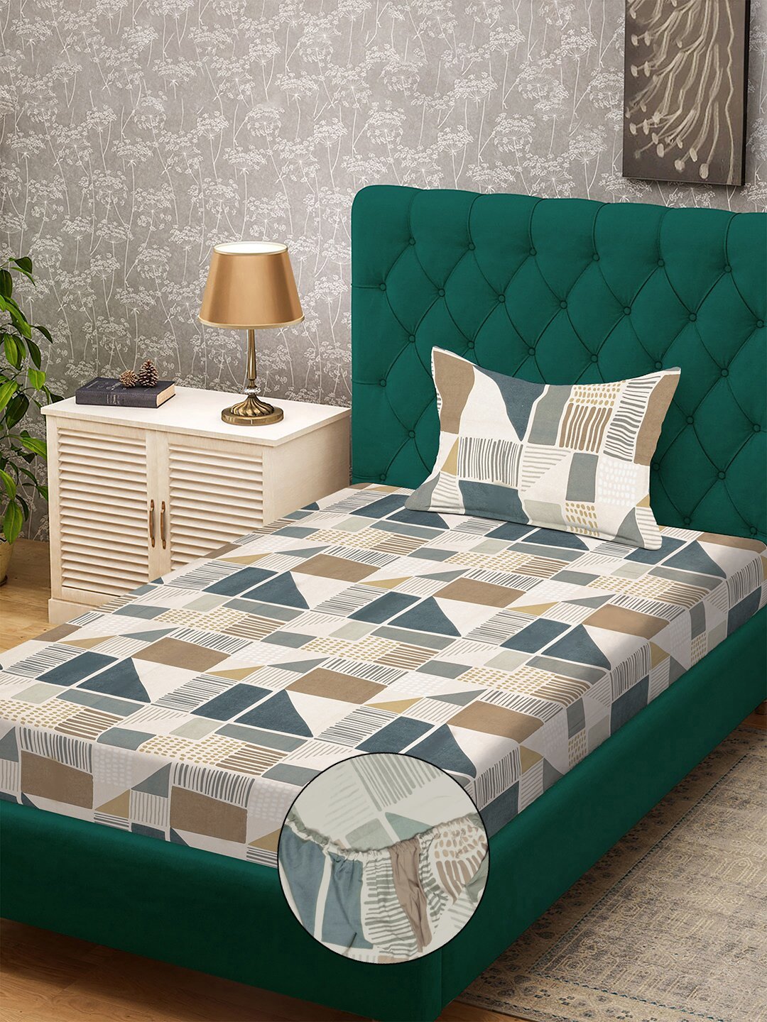 Multi Geometric 300 TC Cotton Blend Fitted Single Bedsheet with Pillow Cover