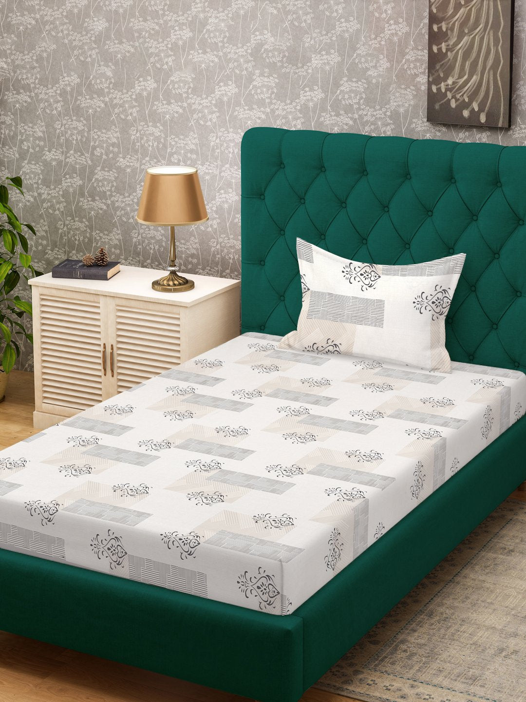 Cream Ethnic Motifs 300 TC Cotton Blend Single Bedsheet in Book Fold Packing
