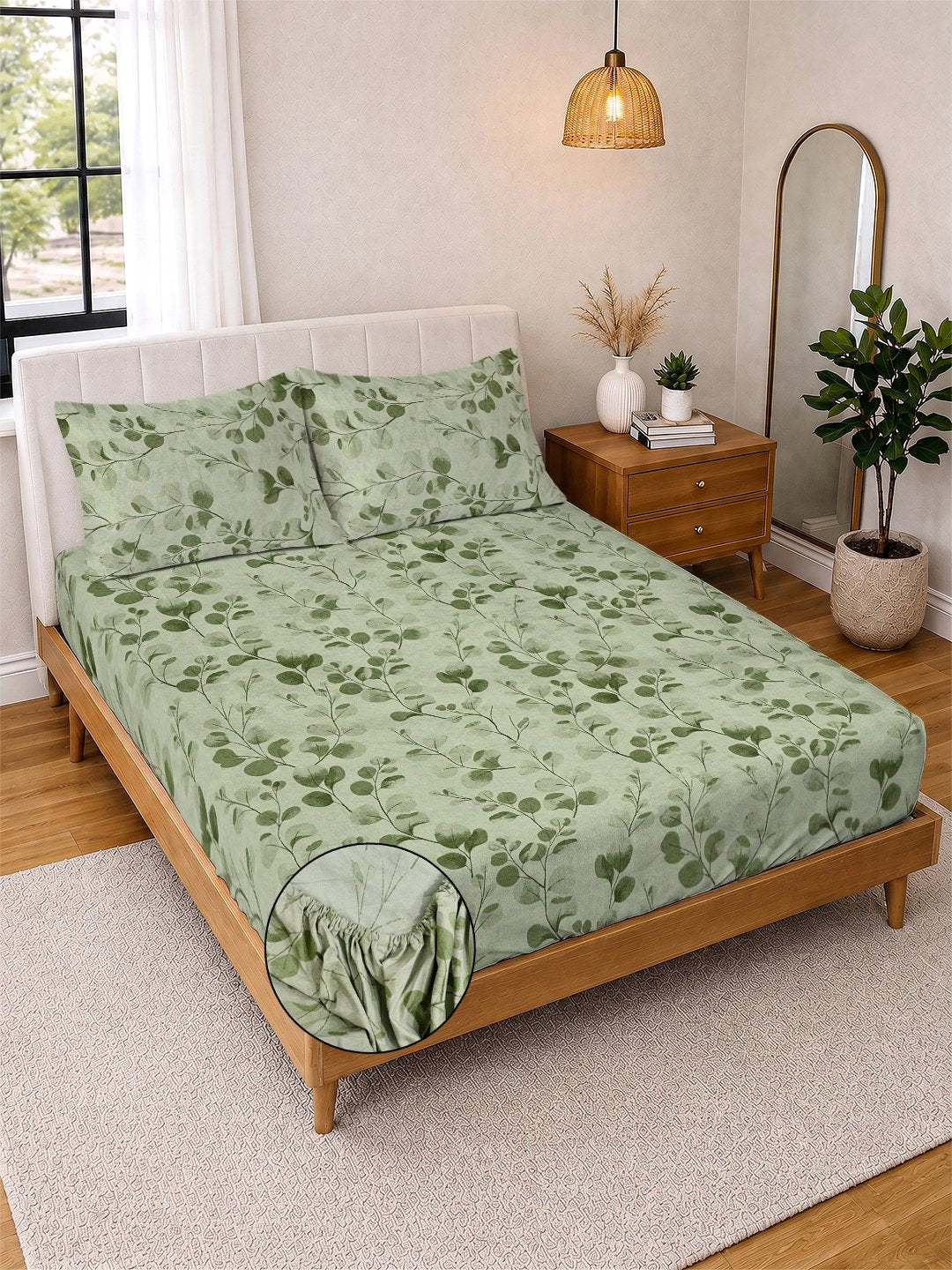 Green Floral Cotton Blend Fitted Double Bedsheet with 2 Pillow Covers