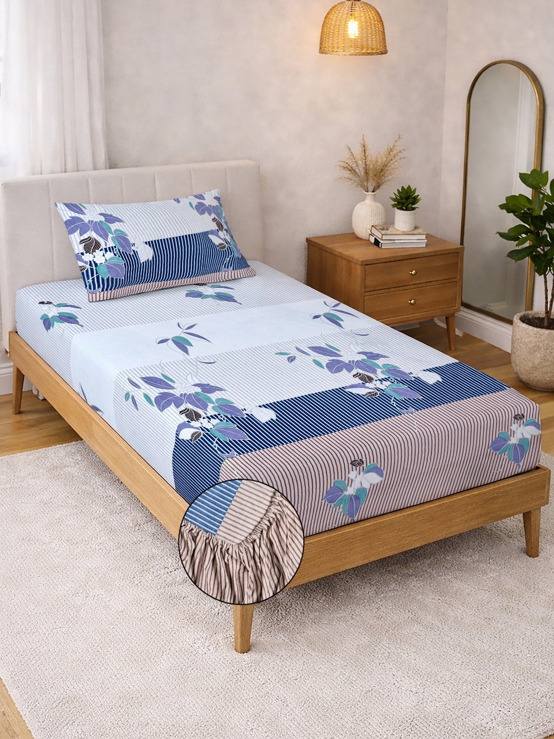 Multi Floral Cotton Blend Fitted Single Bedsheet with Pillow Cover