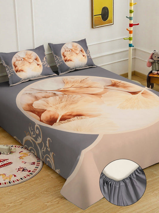 Grey Digital Floral Printed Cotton Blend Fitted Double Bedsheet with 2 Pillow Covers