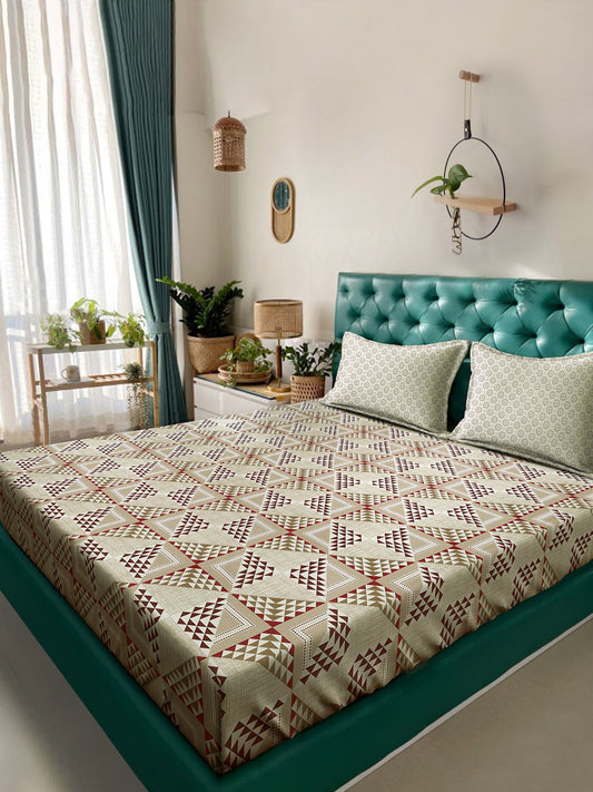 Beige Geometric 400 TC Pure Cotton Double Bedsheet with 2 Pillow Covers
