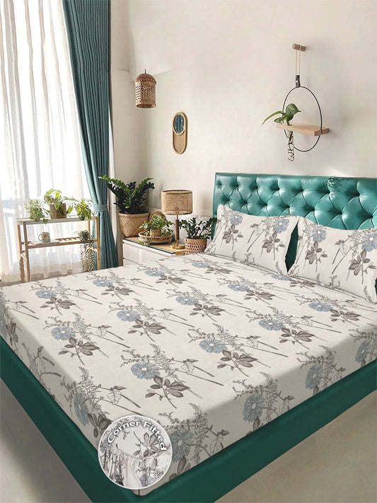 Cream Floral 300 TC Cotton Blend Fitted Double Bedsheet with 2 Pillow Covers