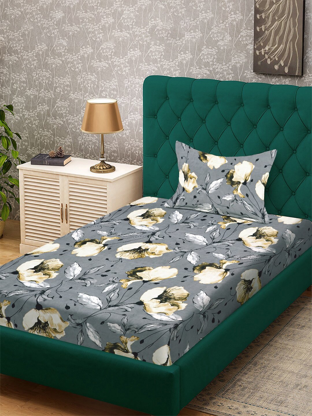 Grey Floral 300 TC Cotton Blend Single Bedsheet with Pillow Cover