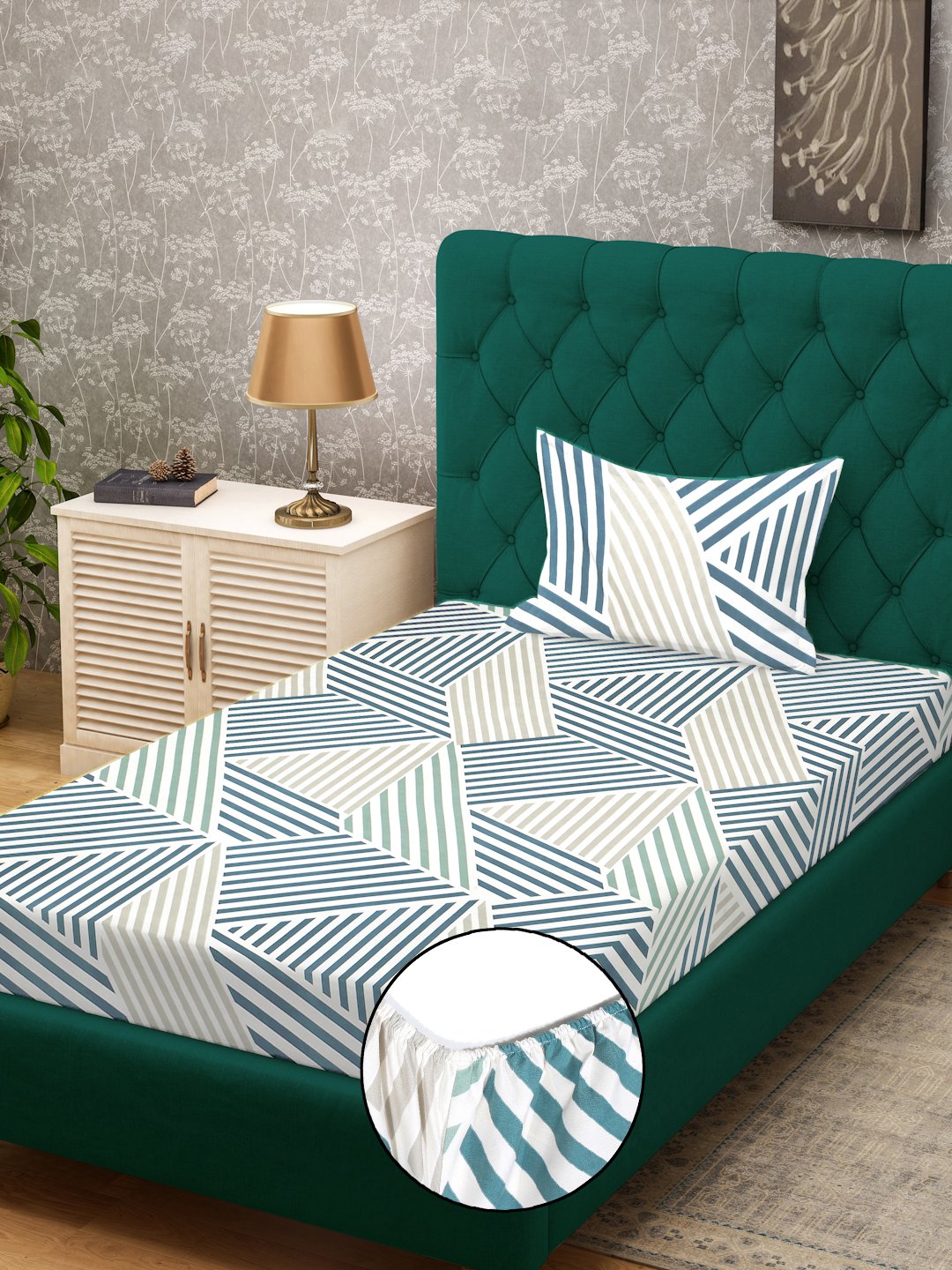 Green Geometric 300 TC Cotton Blend Fitted Single Bedsheet in Book Fold Packing