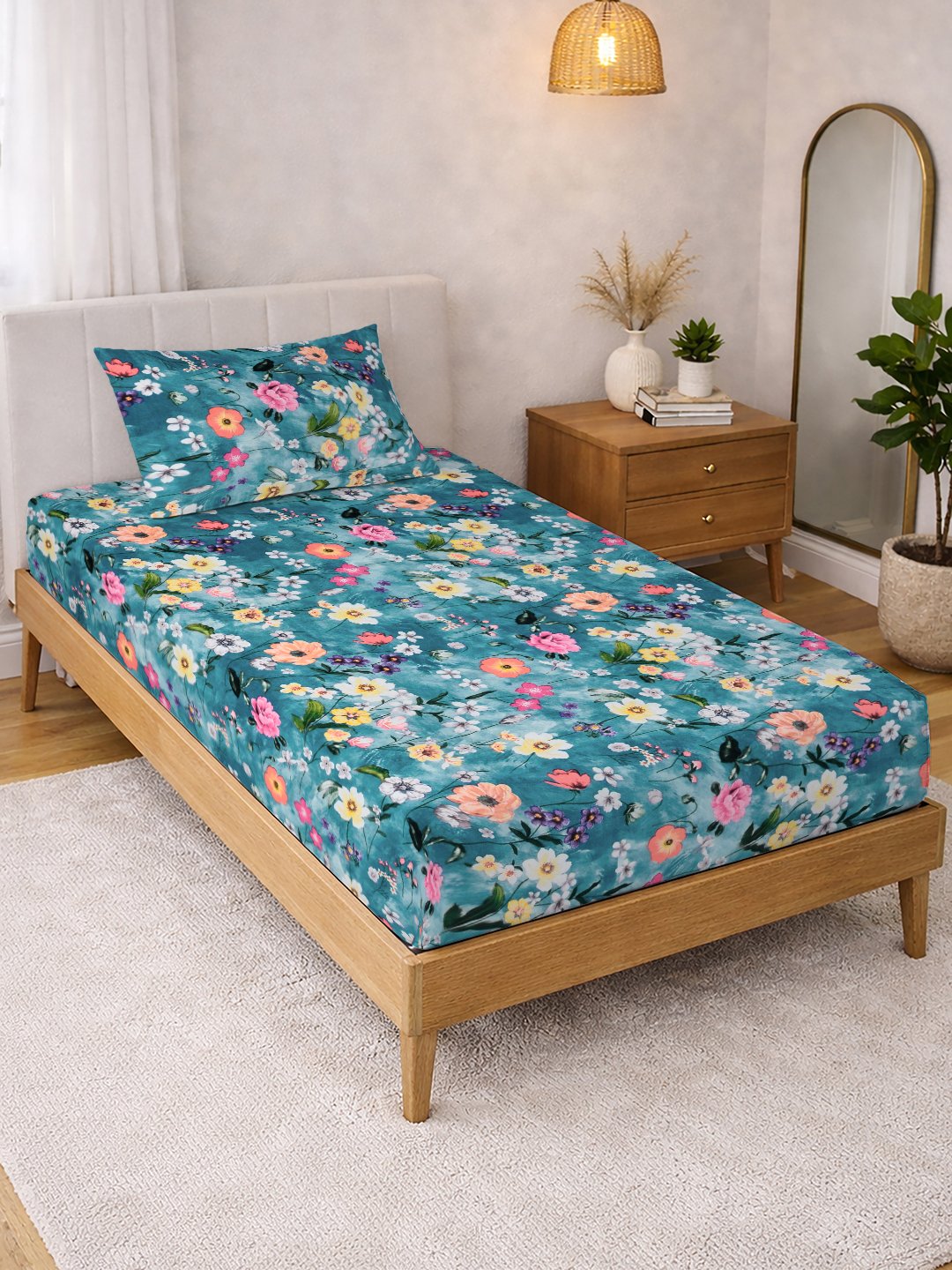 Blue Floral Cotton Blend Single Bedsheet with Pillow Cover