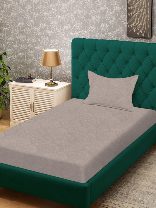Beige Floral Embossed Cotton Blend Single Bedsheet with Pillow Cover