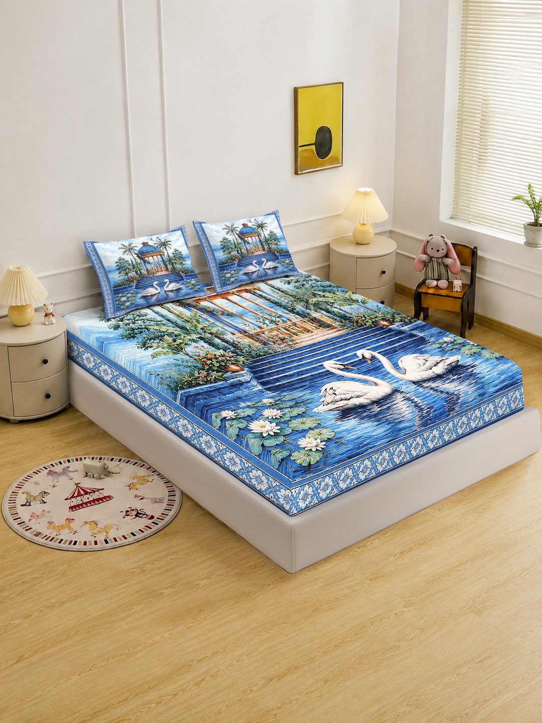 Digital Printed Blue Floral Cotton Blend Double Bedsheet with 2 Pillow Covers