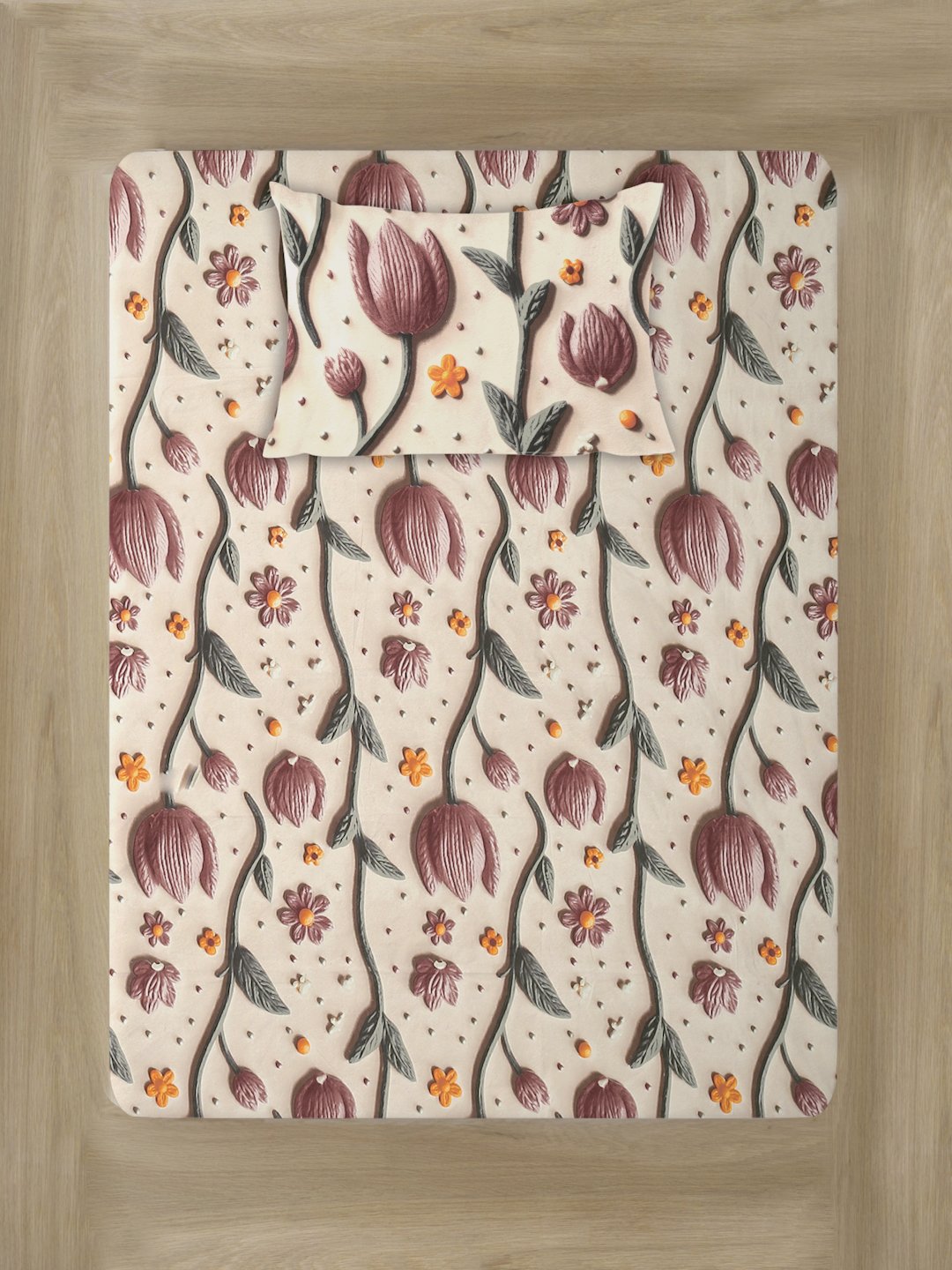 Cream Floral 7D Cotton Blend Single Bedsheet with Pillow Cover