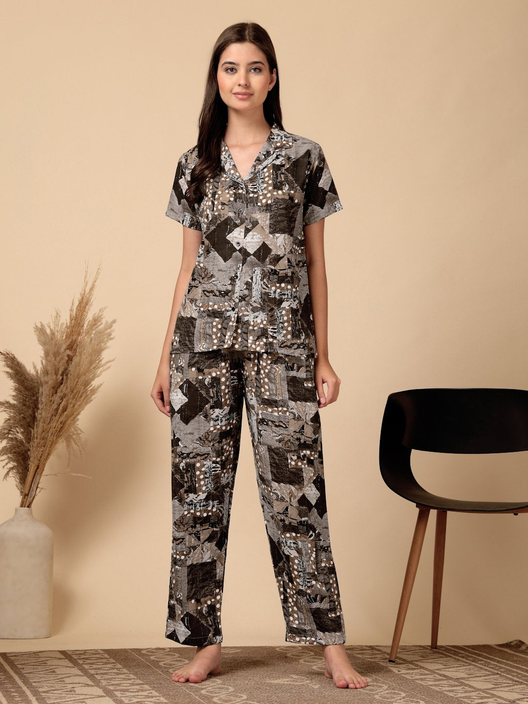 Brown Geometric Cotton Blend Women Night Suit