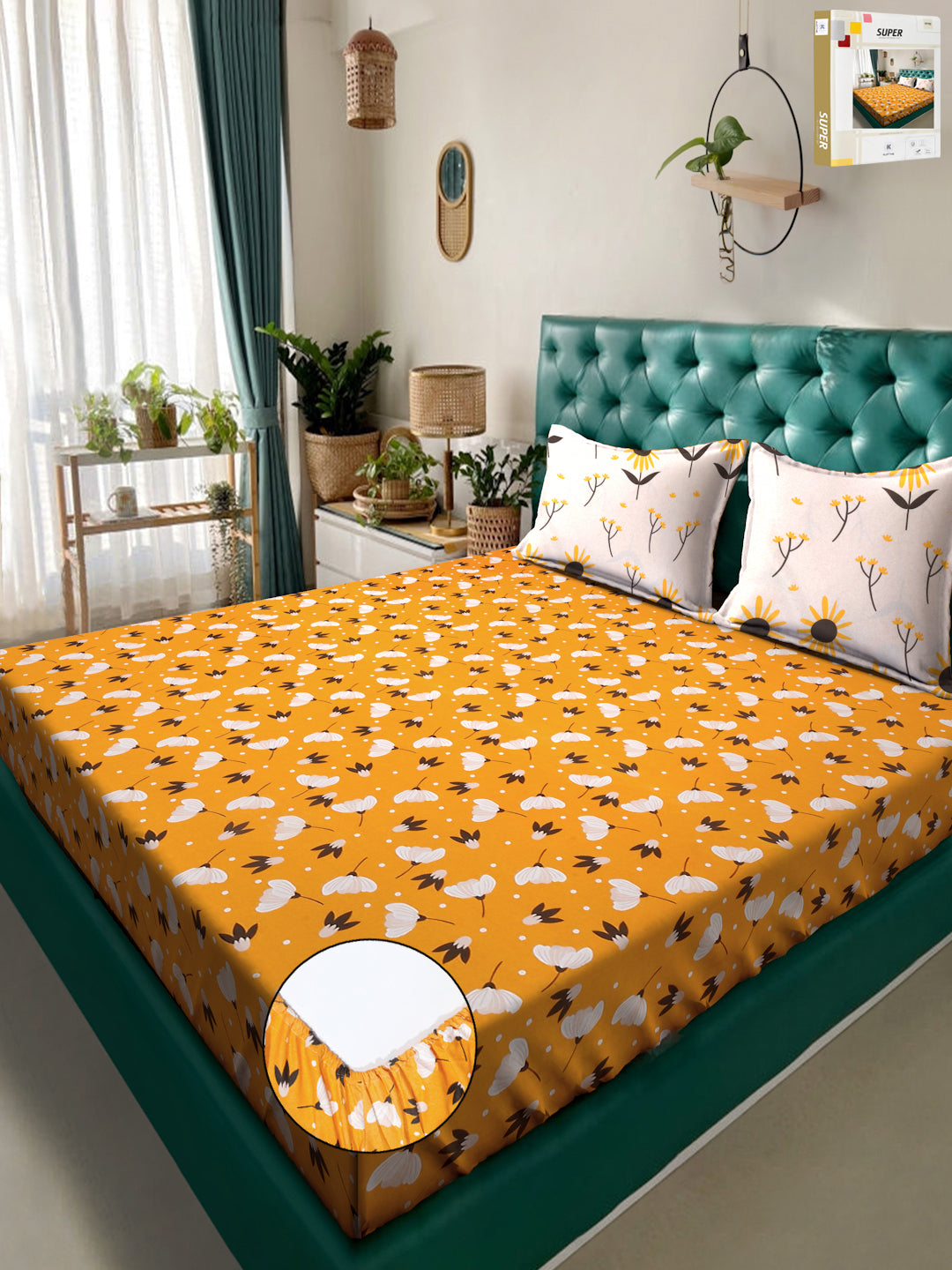 Klotthe Yellow Floral 300 TC Cotton Blend Fitted Double Bedsheet in Book Fold Packing