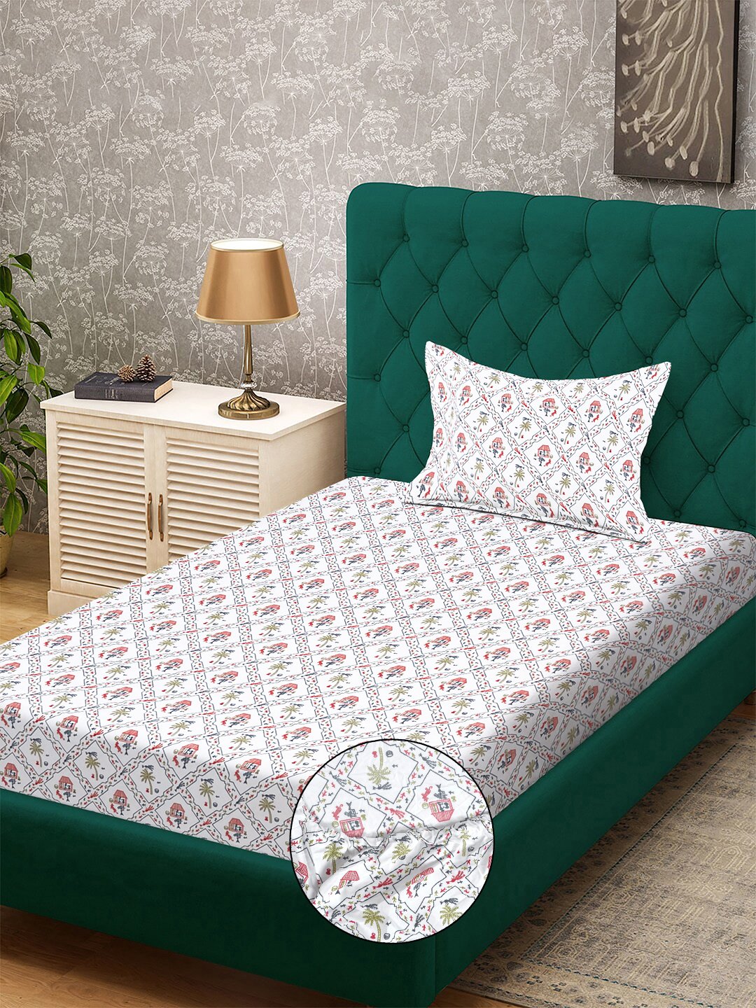 White Floral 300 TC Cotton Blend Fitted Single Bedsheet with Pillow Cover