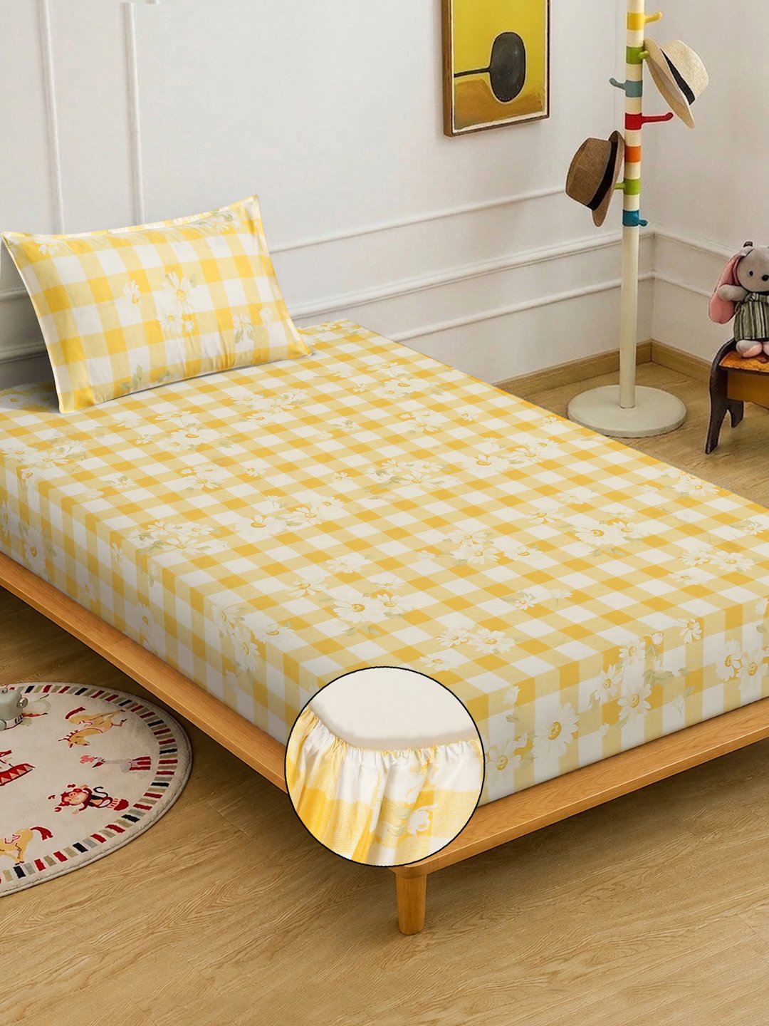 Yellow Floral Cotton Blend Fitted Single Bedsheet with Pillow Cover