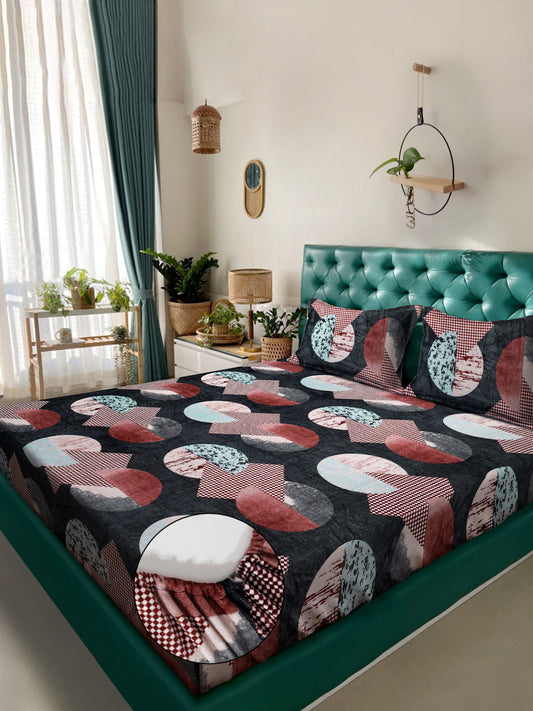 Klotthe Multicolor Geometric Woolen Fitted Double Bed Sheet with 2 Pillow Covers