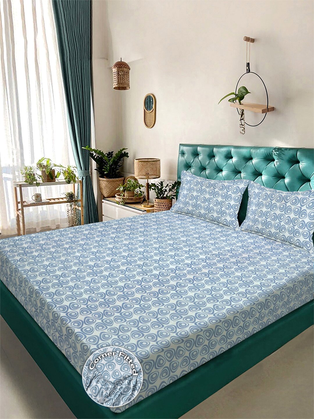 Blue Geometric 300 TC Cotton Blend Fitted Double Bedsheet with 2 Pillow Covers