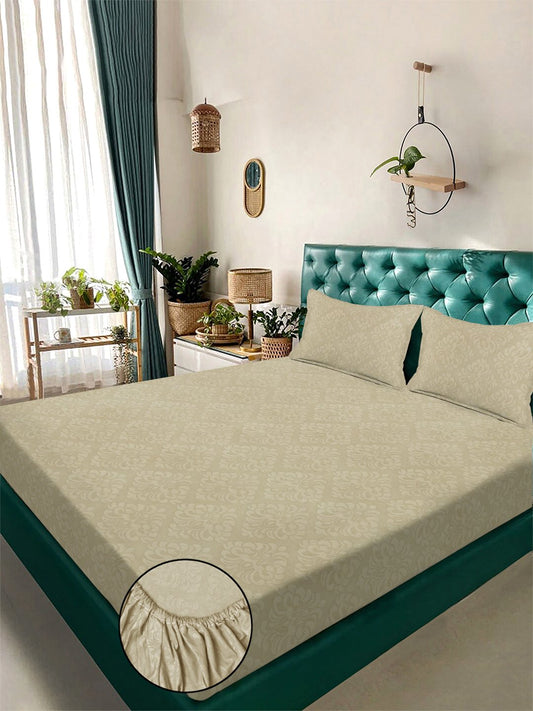 Beige Floral Embossed Cotton Blend Fitted Double Bedsheet with 2 Pillow Covers
