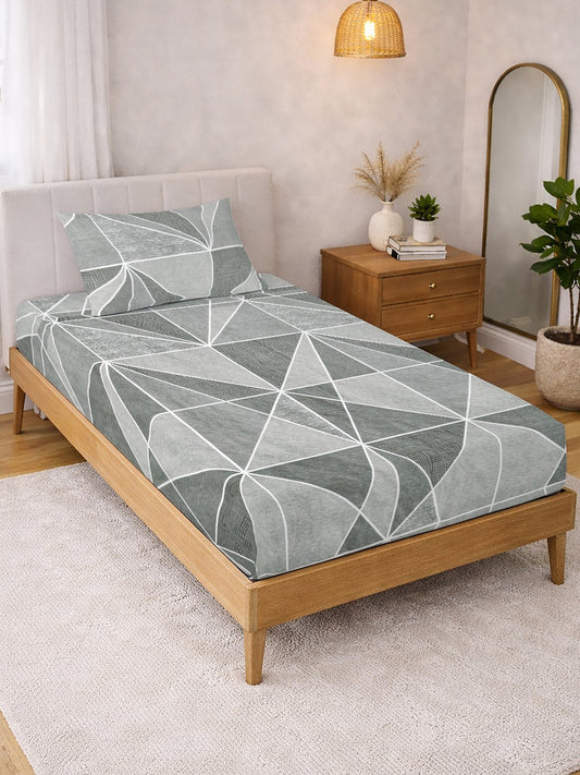 Grey Geometric Cotton Blend Single Bedsheet with Pillow Cover