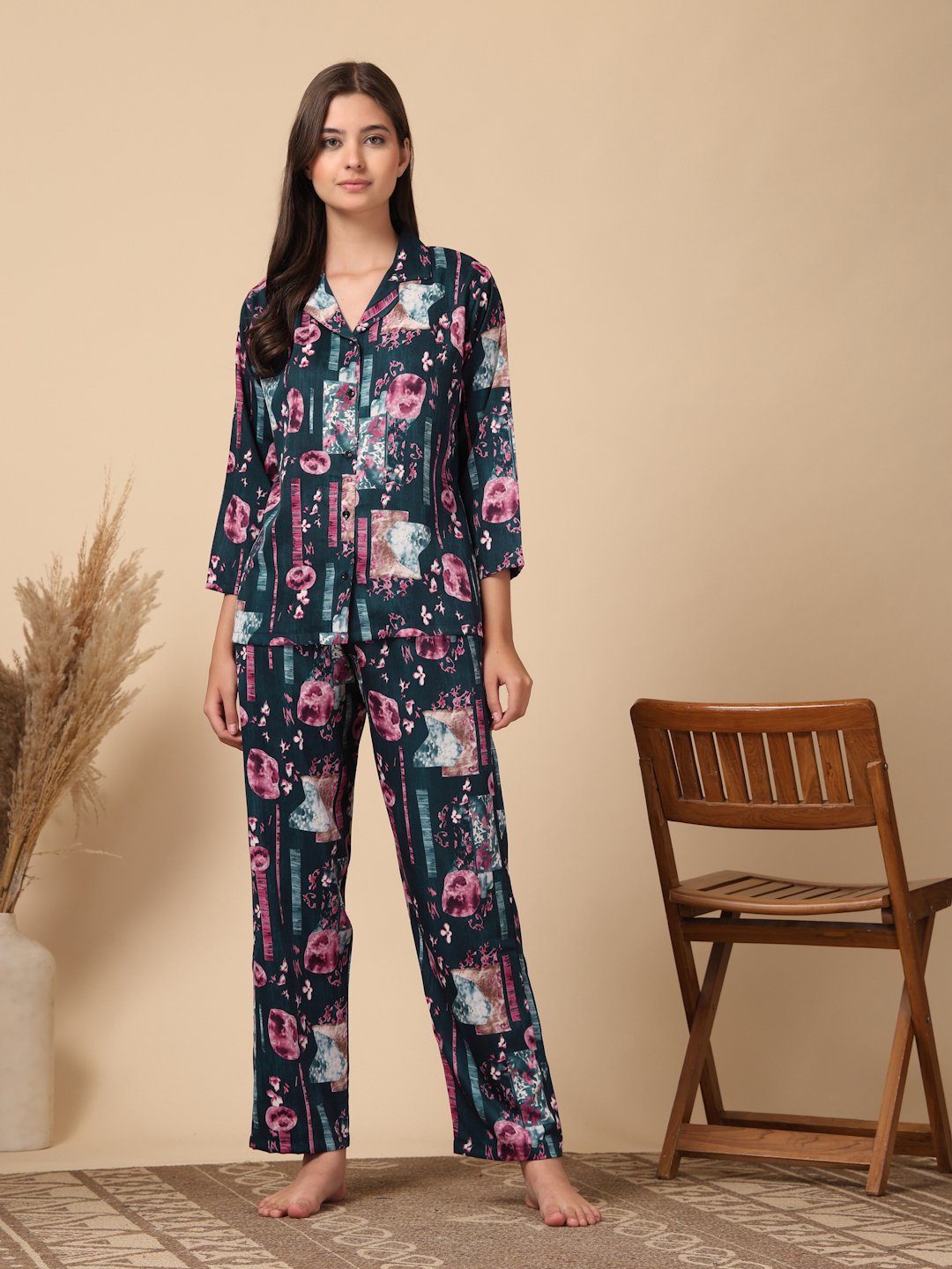 Turquoise Geometric Cotton Blend Women Night Suit