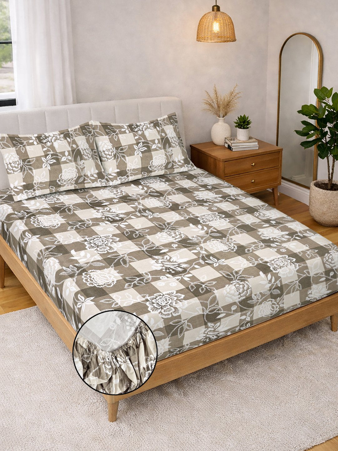 Begie Floral Cotton Blend Fitted Double Bedsheet with 2 Pillow Covers