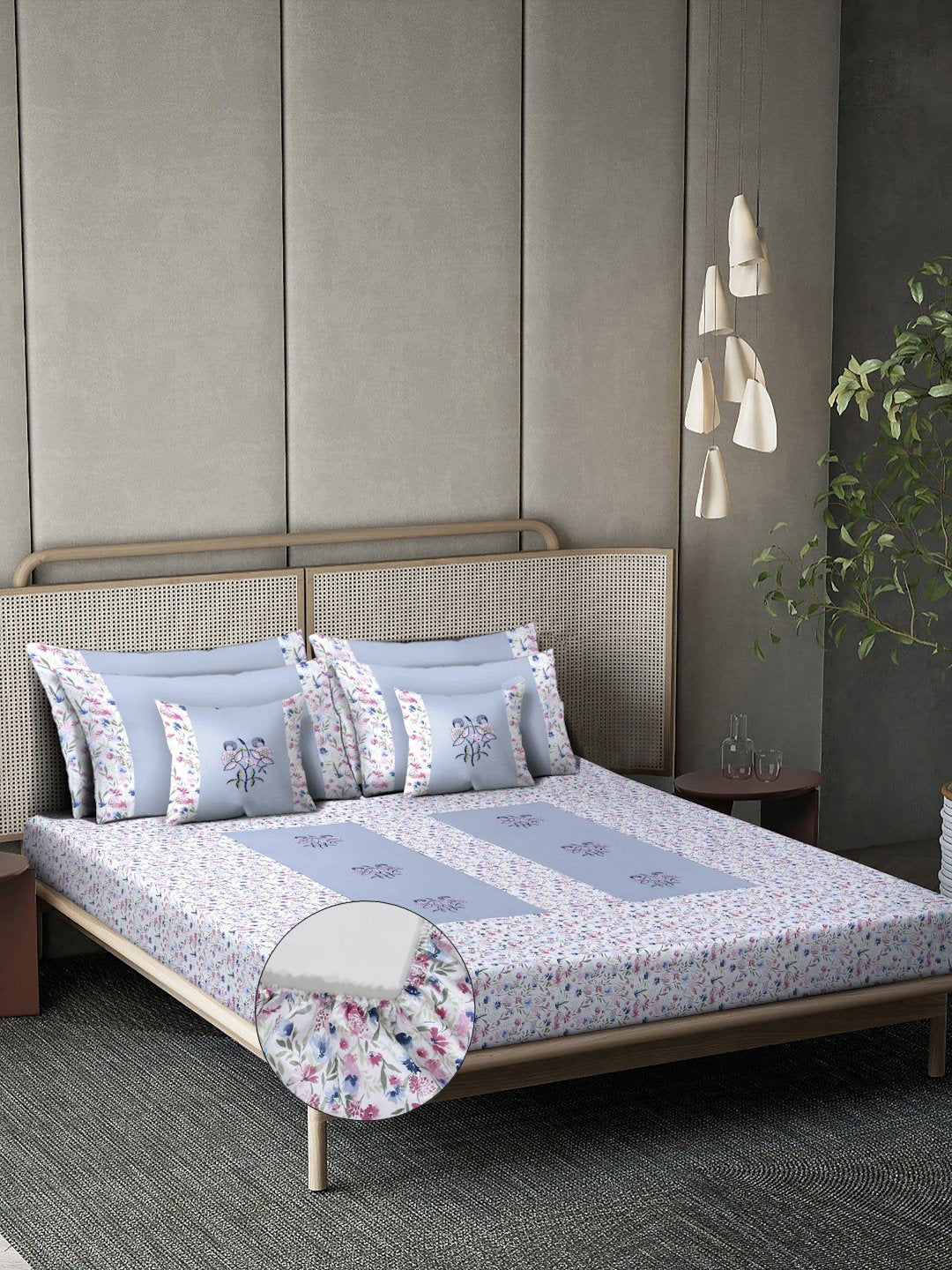 SkyBlue Floral Embroidered 400 TC Cotton Fitted Double Bedsheet with 4 Pillow Covers & 2 Cushion Covers