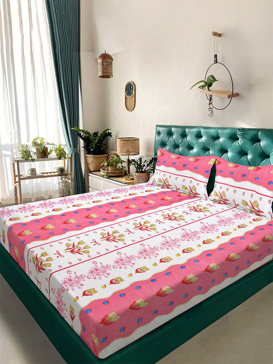 Pink Floral 300 TC Cotton Blend Double Bedsheet in Book Fold Packing