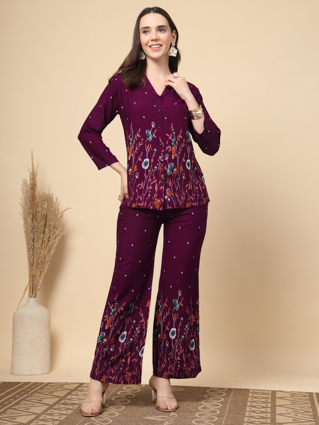 Wine Cotton Printed Shirt With Trousers Co-Ords Set