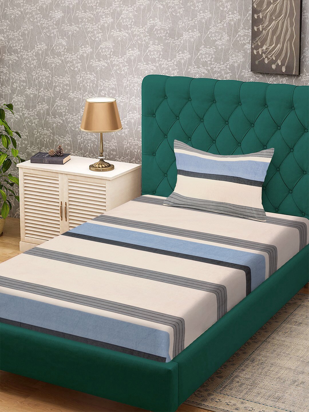 Multi Striped 300 TC Cotton Blend Single Bedsheet with Pillow Cover
