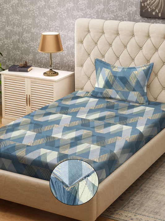 Klotthe Turquoise Abstract 300 TC Cotton Blend Fitted Single Bedsheet with Pillow Cover