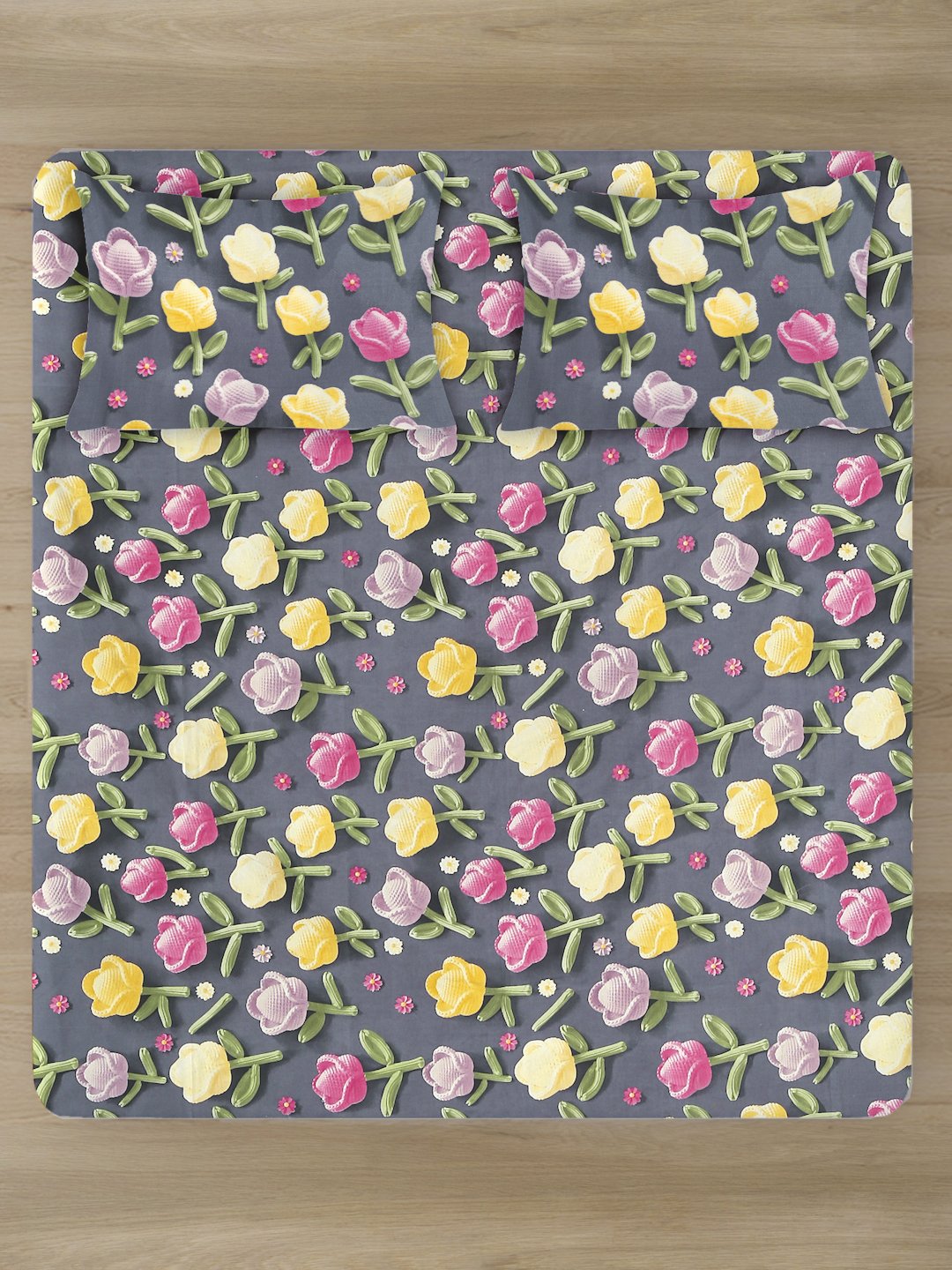 Grey Floral 7D King Size Cotton Blend Fitted Double Bedsheet with 2 Pillow Covers