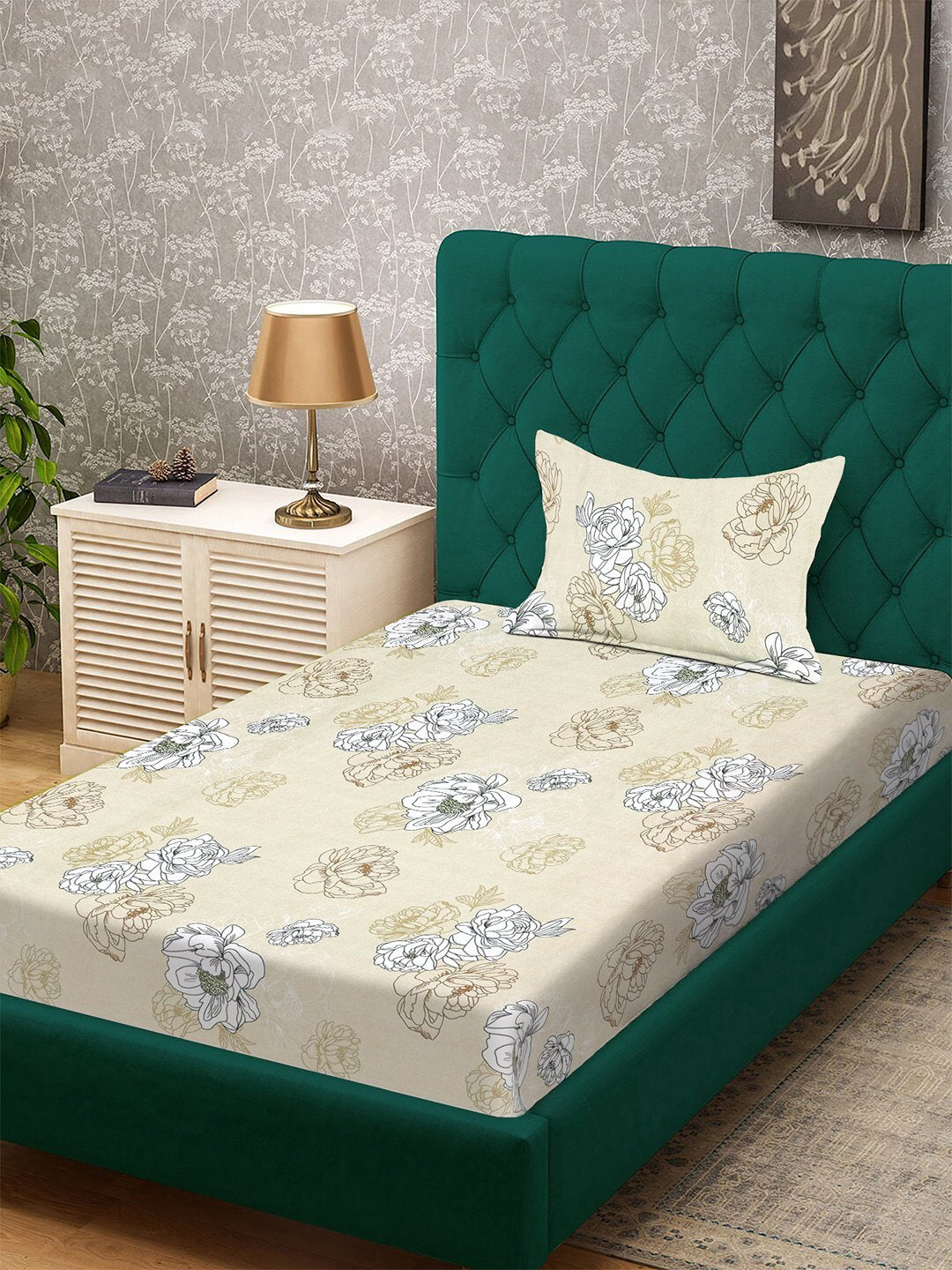 Cream Floral 300 TC Cotton Blend Single Bedsheet with Pillow Cover