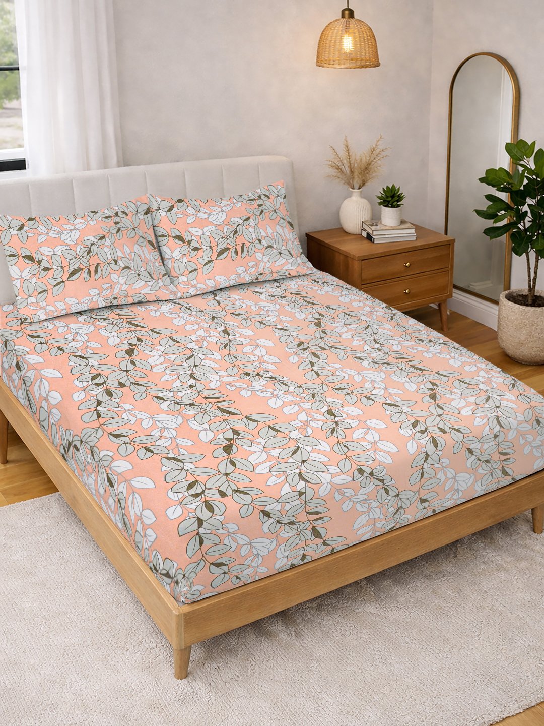 Orange Floral Cotton Blend Double Bedsheet with 2 Pillow Covers